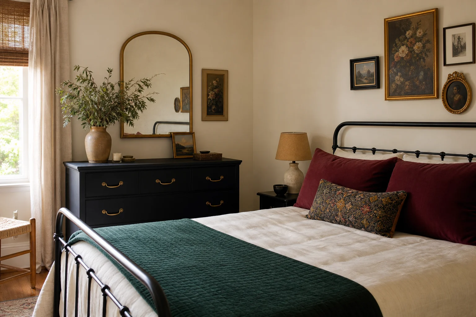 Budget Black Nouveau bedroom with a refinished black dresser, thrifted gold frames and layered jewel-tone bedding