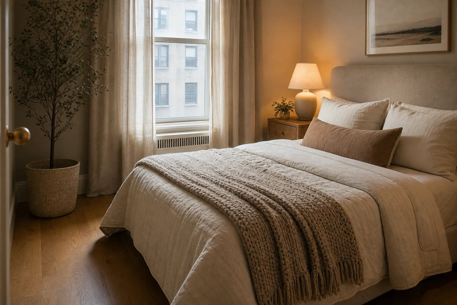 22 Cozy Apartment Aesthetic Ideas That Feel Warm, Not Cluttered 18 Cozy compact apartment bedroom with layered linen bedding, quilt, knit throw and warm wood accents