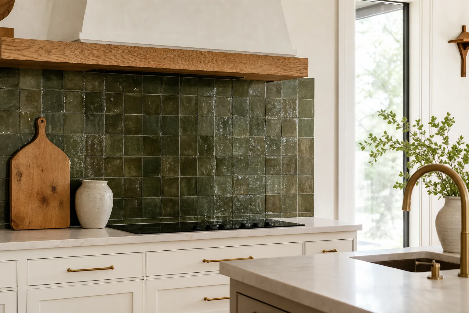 Kitchen with warm white cabinets and a handcrafted green tile backsplash as the main decorative feature