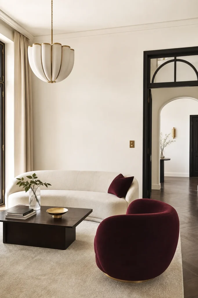 Balanced Neo Deco living room with visual breathing room