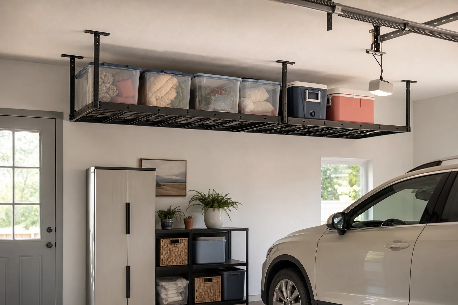 Overhead garage rack holding lightweight labeled seasonal bins with safe clearance above the parked car