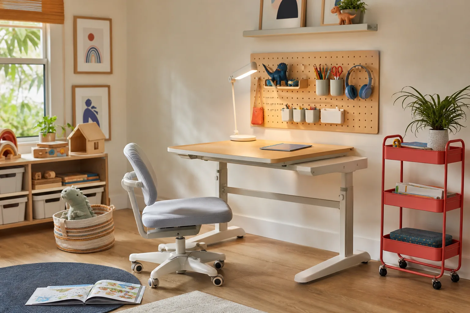 21 Playroom Inspiration Ideas for a Fun, Organized and Beautiful Kids' Space 18 Flexible playroom homework station with an adjustable desk, task lamp, pegboard and organized school supplies
