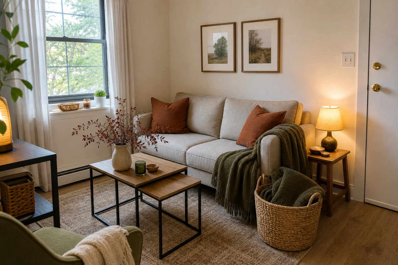 21 Cozy Fall Room Decor Ideas for a Warm, Aesthetic Home 17 Budget-friendly small apartment decorated for fall with rust pillows, an olive throw and warm lamps