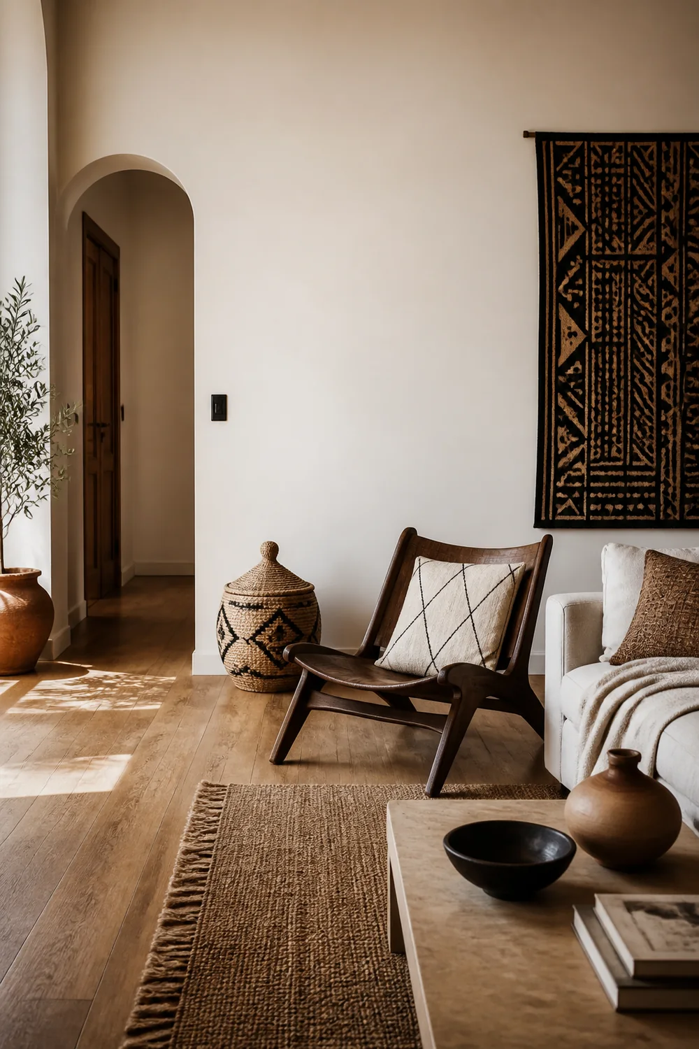 Uncluttered Afrobohemian living room with visual breathing space