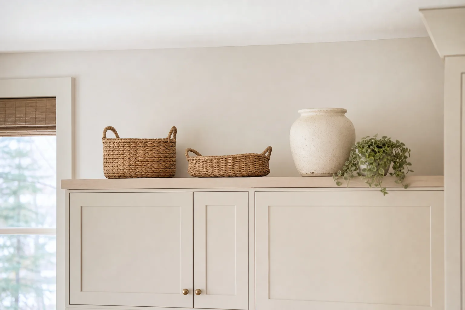 Kitchen cabinets topped with a restrained display of baskets, pottery and one trailing plant