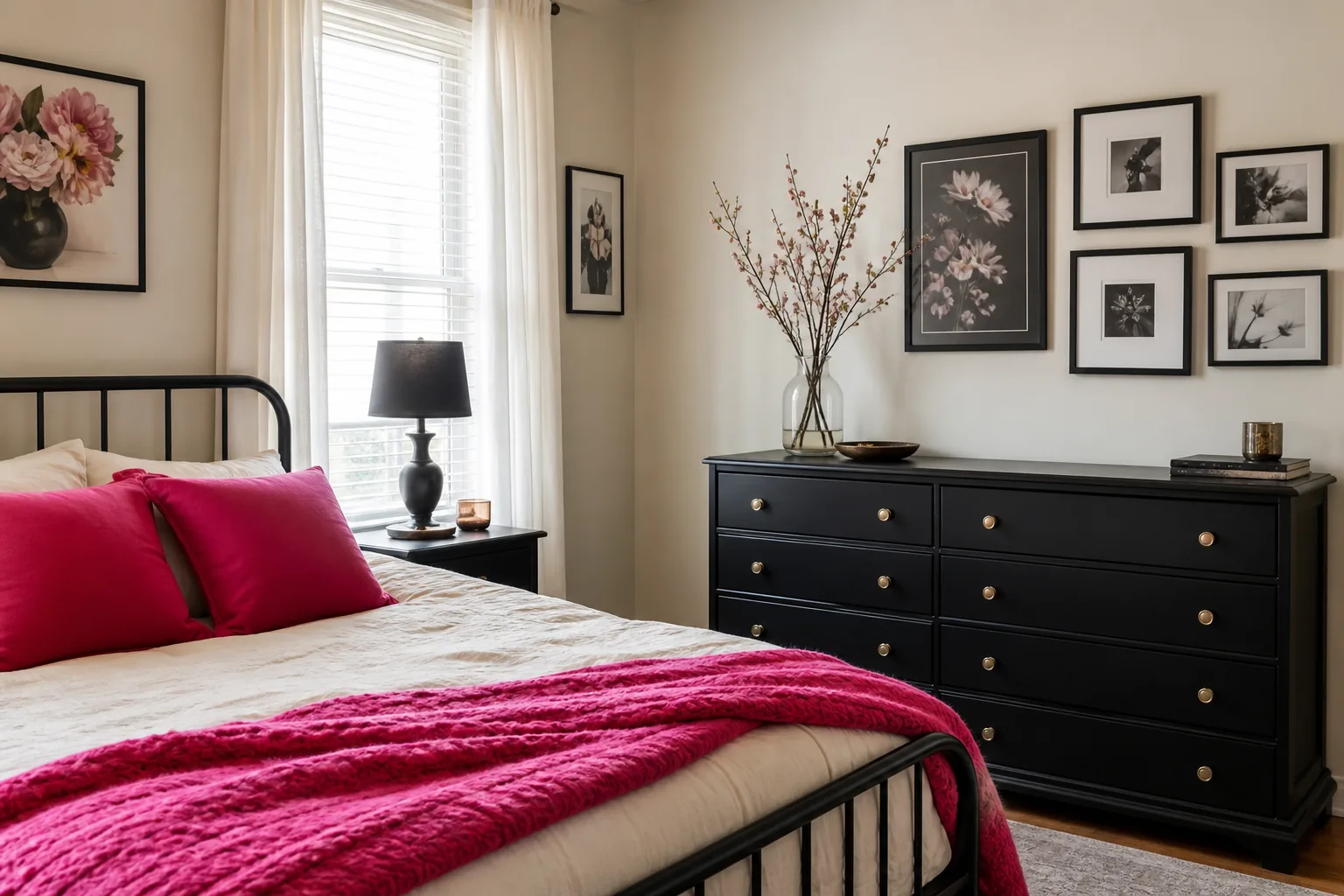 Budget black and hot pink bedroom with a refinished dresser, thrifted frames and affordable layered textiles