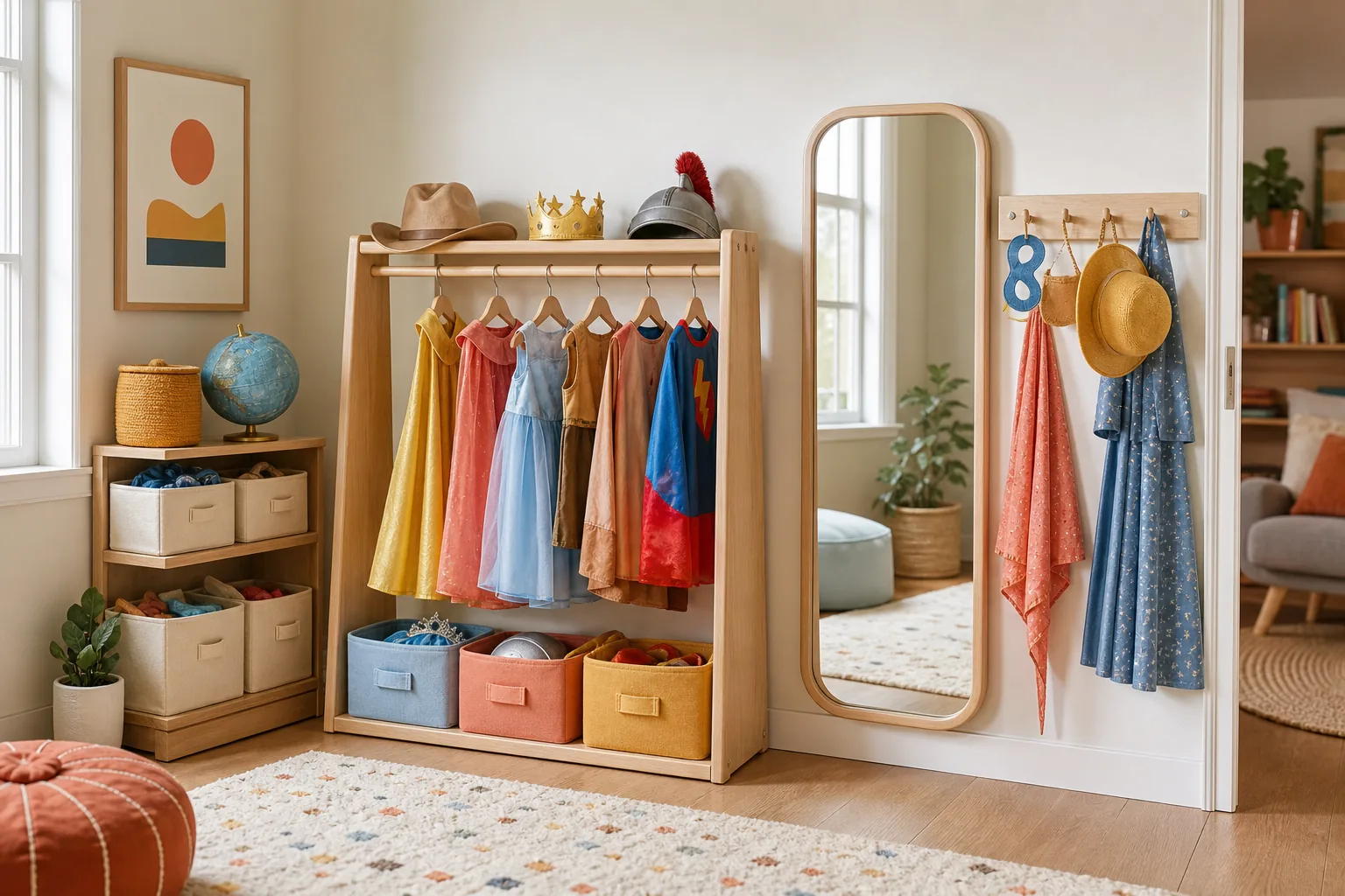 21 Playroom Inspiration Ideas for a Fun, Organized and Beautiful Kids' Space 19 Playroom dress-up station with a low costume rail, safe mirror, fabric bins and neatly displayed accessories