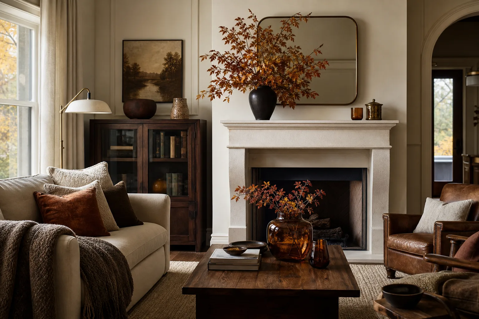 19 Fall Living Room Decor Ideas for 2026 That Feel Cozy and Collected 19 Elegant pumpkin-free fall living room with branches, wool texture, walnut and amber glass