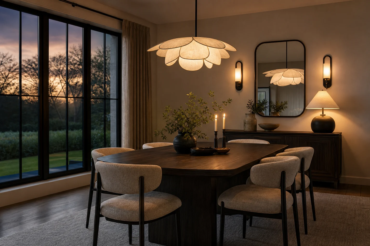 Layered dining room lighting with a pendant, sconces and console lamp