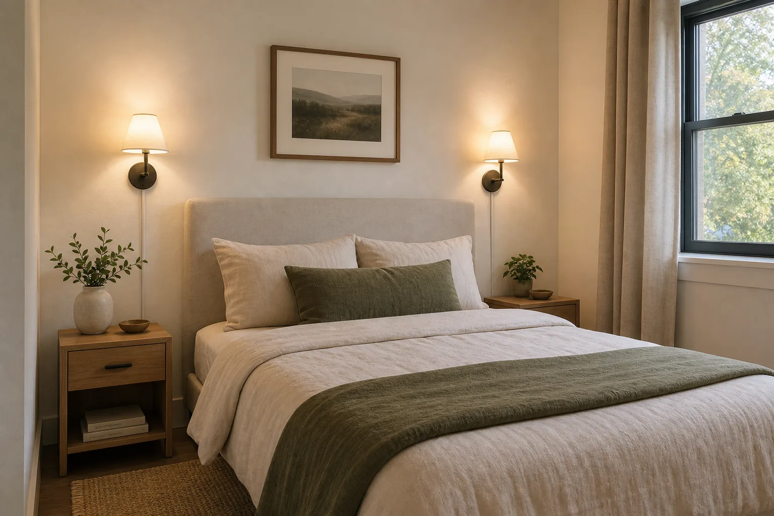 22 Cozy Apartment Aesthetic Ideas That Feel Warm, Not Cluttered 19 Small apartment bedroom with warm plug-in bedside sconces and uncluttered nightstands