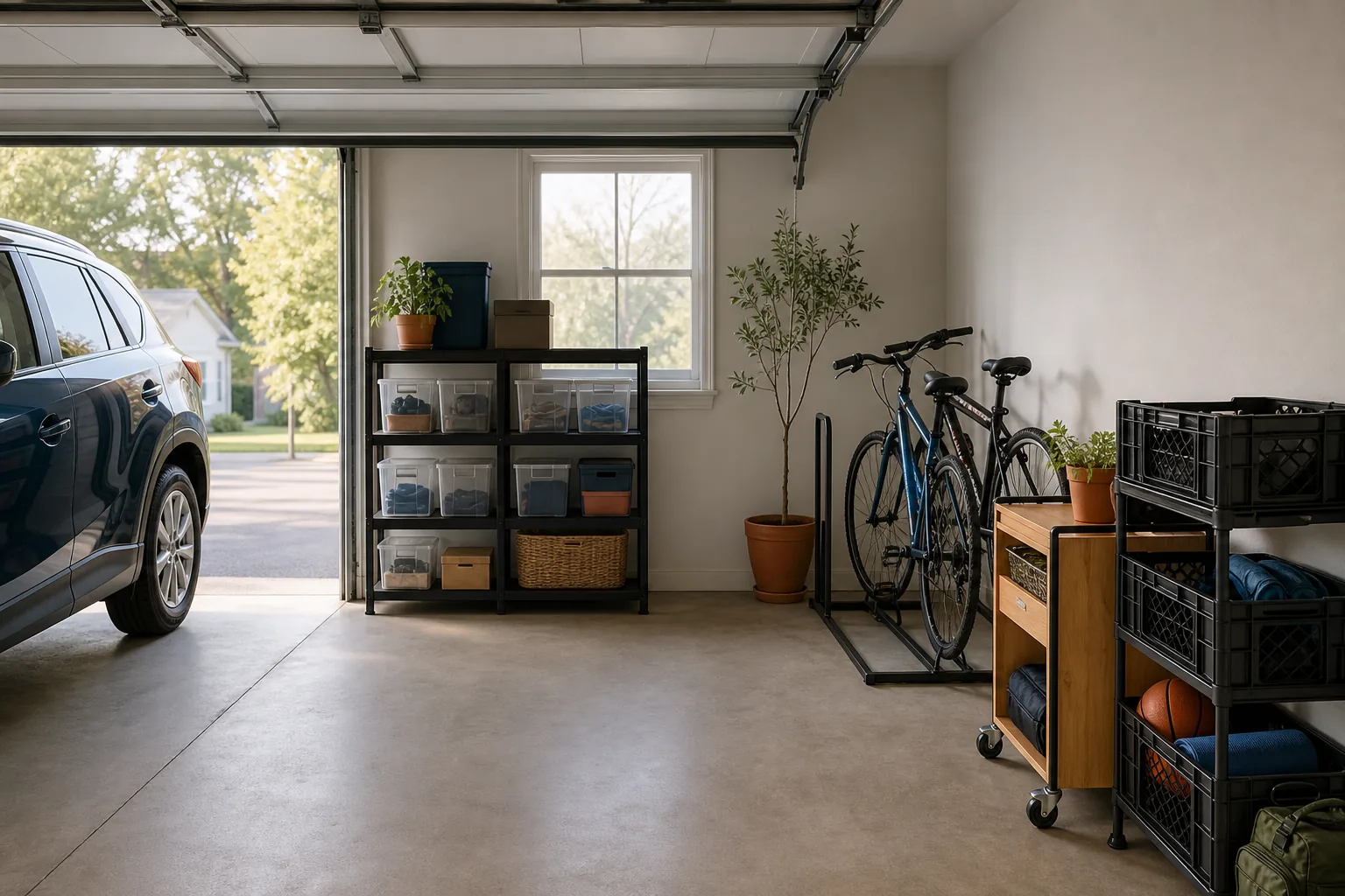 Renter-friendly garage organization using freestanding shelves, a rolling cart and labeled bins without wall drilling
