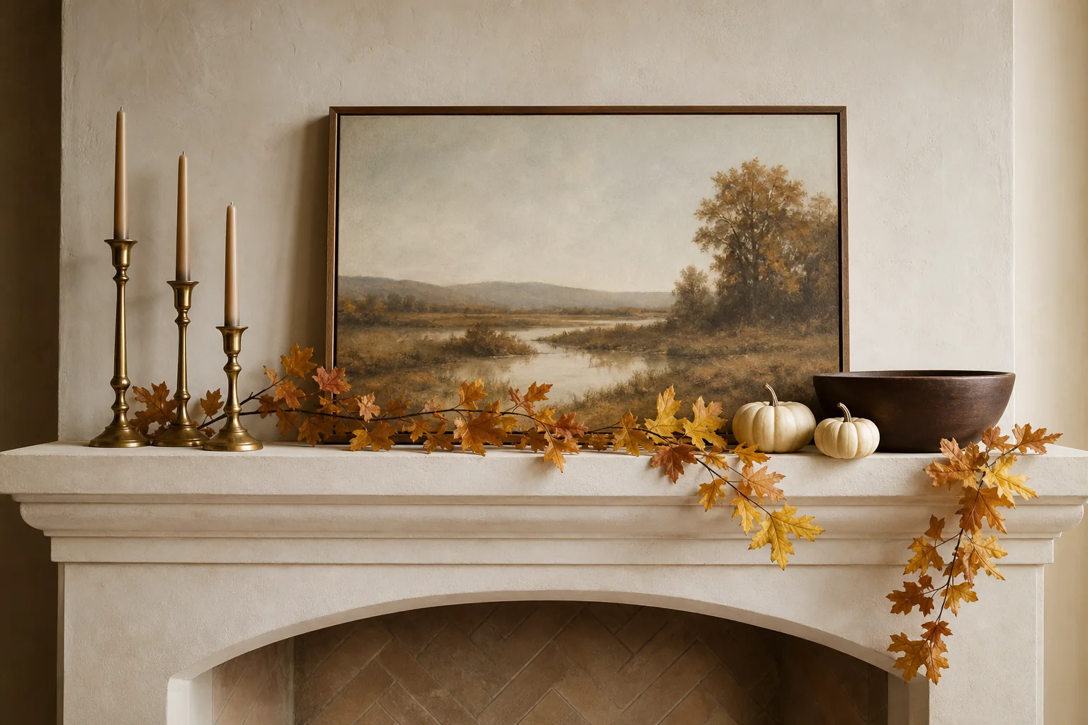 21 Cozy Fall Room Decor Ideas for a Warm, Aesthetic Home 18 Elegant plaster fireplace mantel with autumn leaves, brass candlesticks and two cream pumpkins