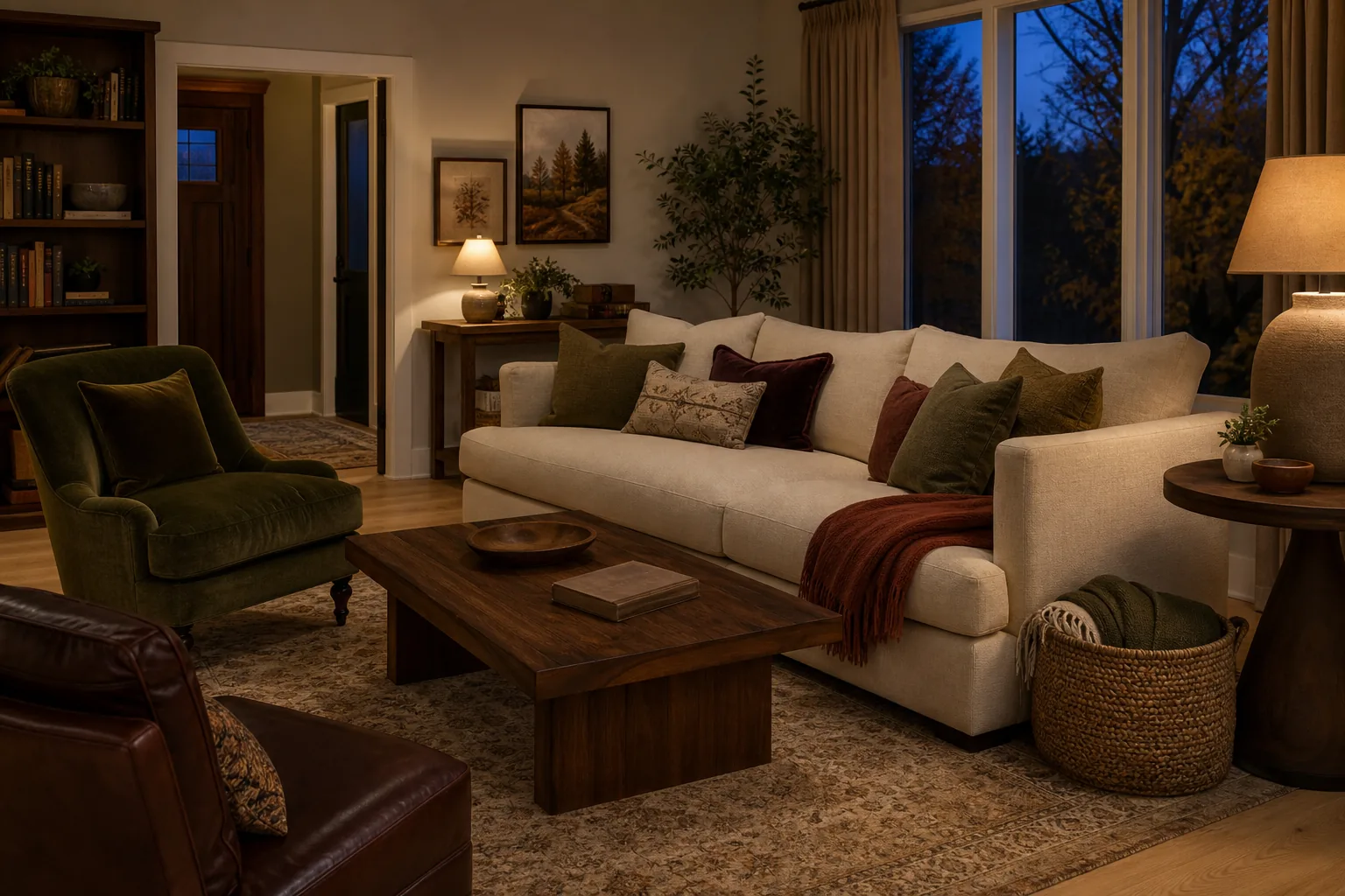 19 Fall Living Room Decor Ideas for 2026 That Feel Cozy and Collected 20 Tidy fall living room at evening with warm lamps, folded throw and clear coffee table