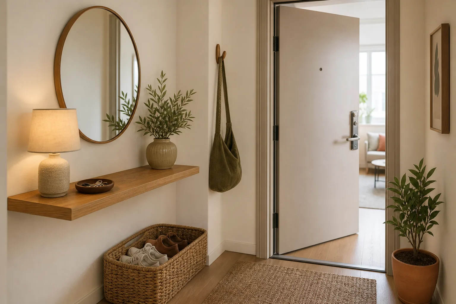 22 Cozy Apartment Aesthetic Ideas That Feel Warm, Not Cluttered 20 Tiny apartment entryway with a wood shelf, rounded mirror, soft lamp and woven shoe basket