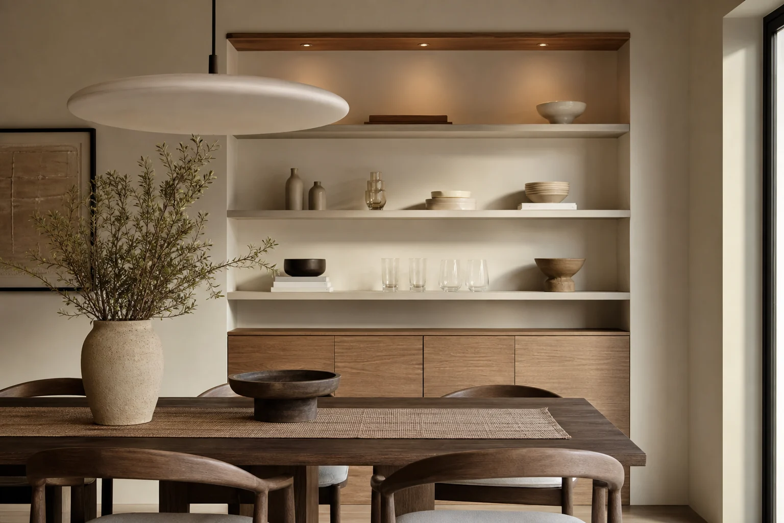 Built-in dining room storage and open shelves styled with ceramics
