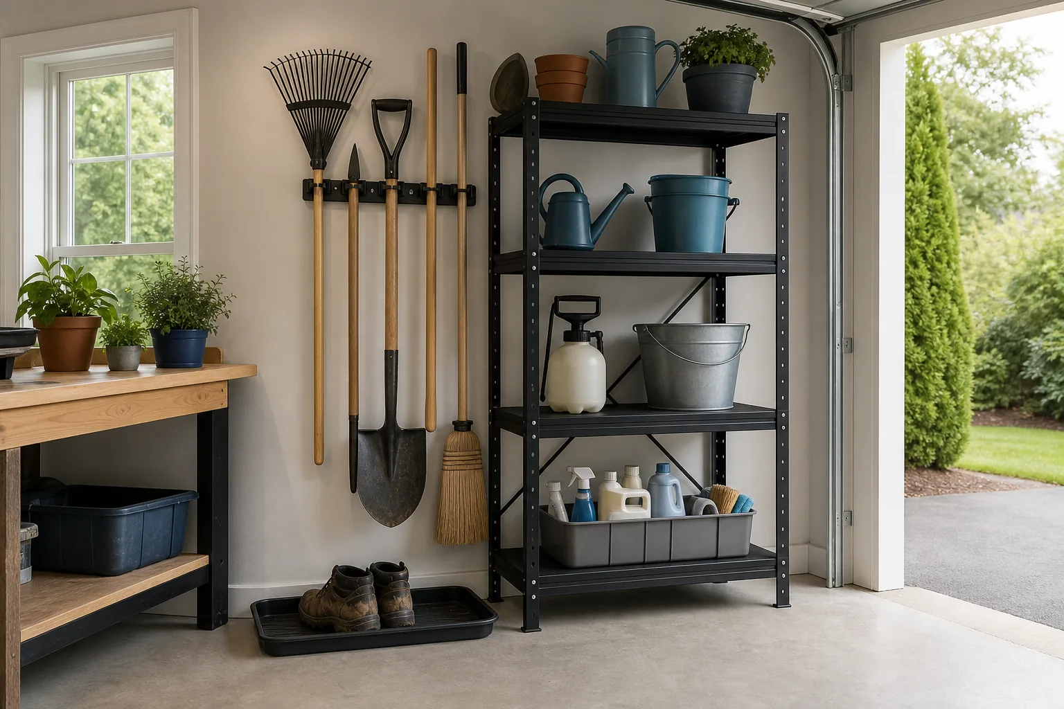 Organized garage corner with garden tools, watering cans and cleaning supplies stored in separate zones