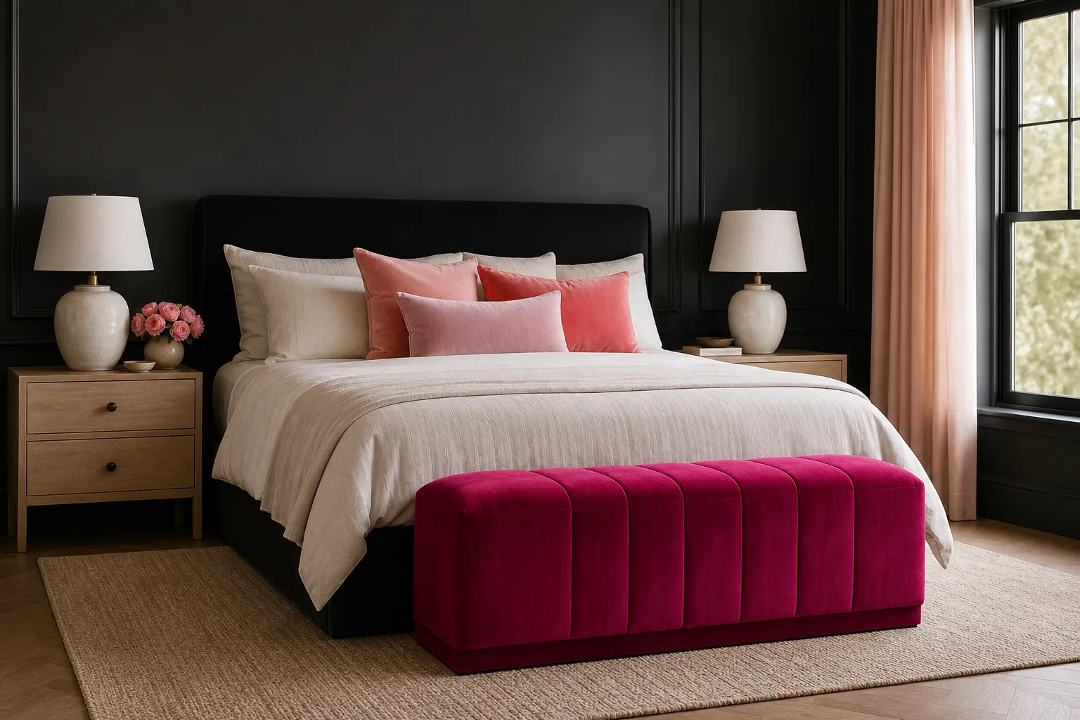 Sophisticated black bedroom layering hot pink with blush, coral and warm white textiles