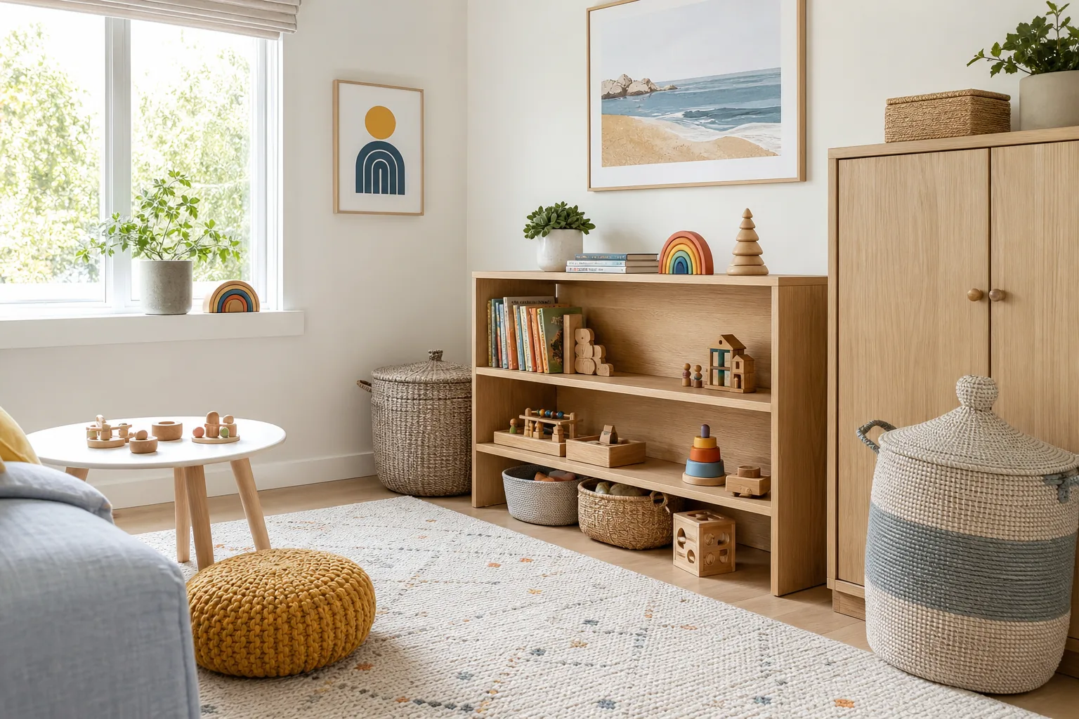 21 Playroom Inspiration Ideas for a Fun, Organized and Beautiful Kids' Space 20 Calm organized playroom with a small curated toy selection on open shelves and closed rotation storage