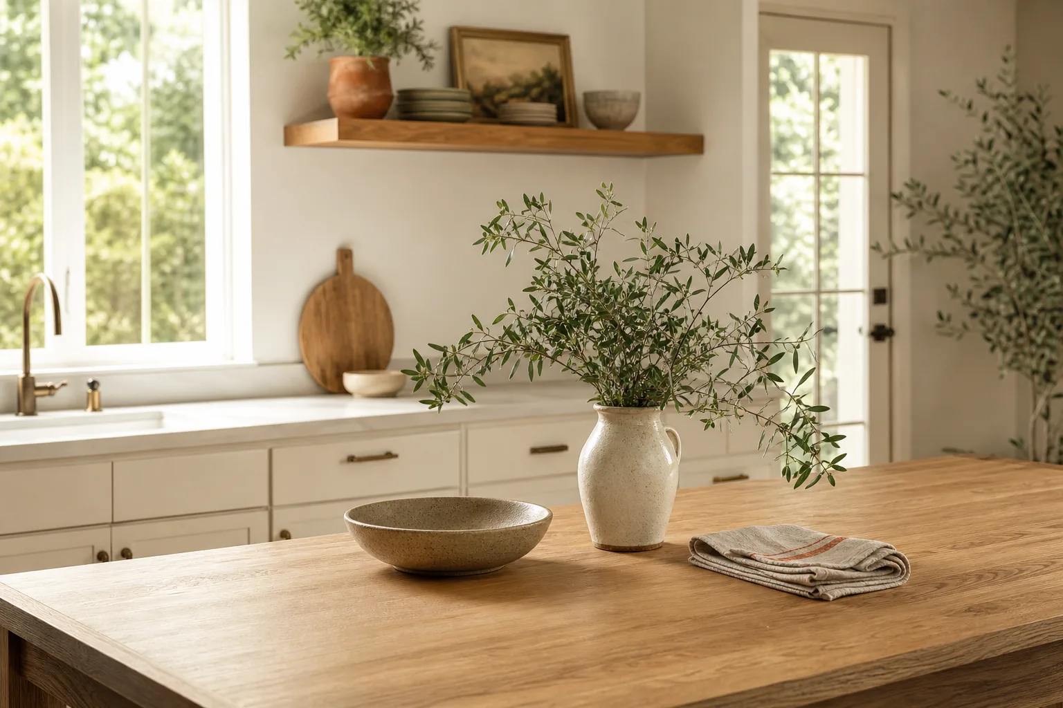 Kitchen island styled with a low ceramic bowl, leafy branches and a folded linen towel