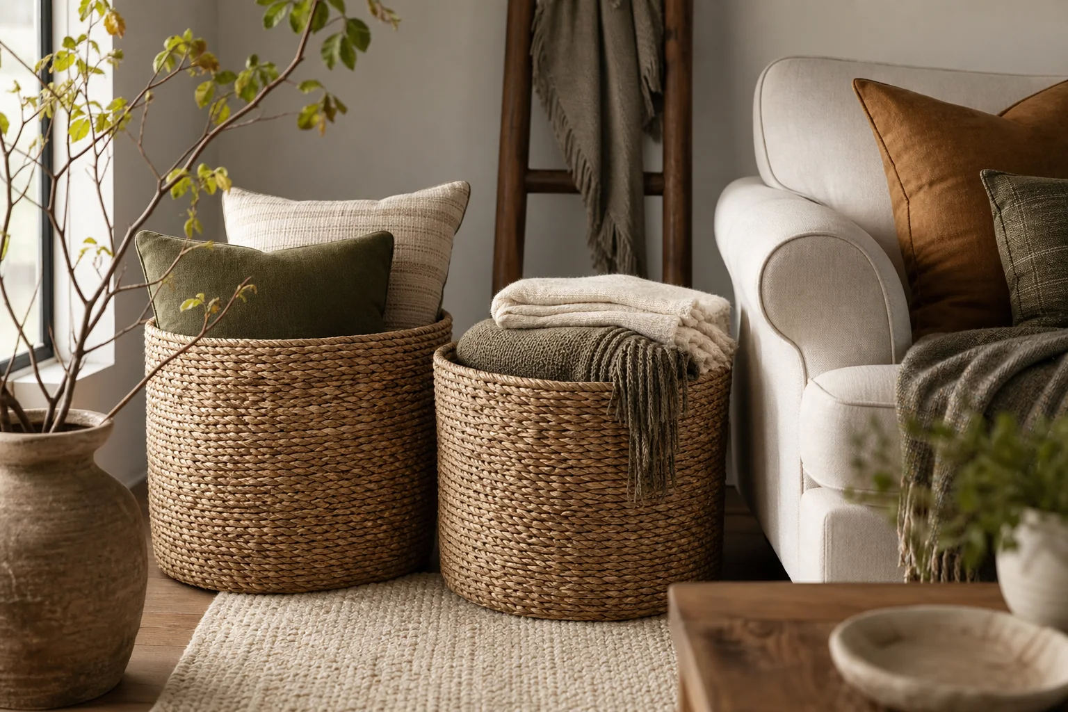 21 Cozy Fall Room Decor Ideas for a Warm, Aesthetic Home 19 Natural woven baskets storing fall pillows and folded throws beside a cream sofa