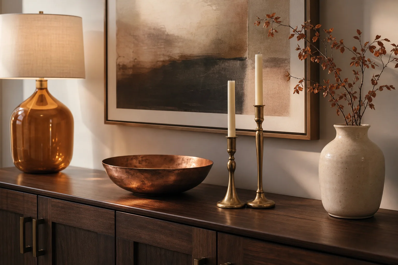 21 Cozy Fall Room Decor Ideas for a Warm, Aesthetic Home 20 Dark wood console decorated with a copper bowl, antique brass candlesticks and amber lamp