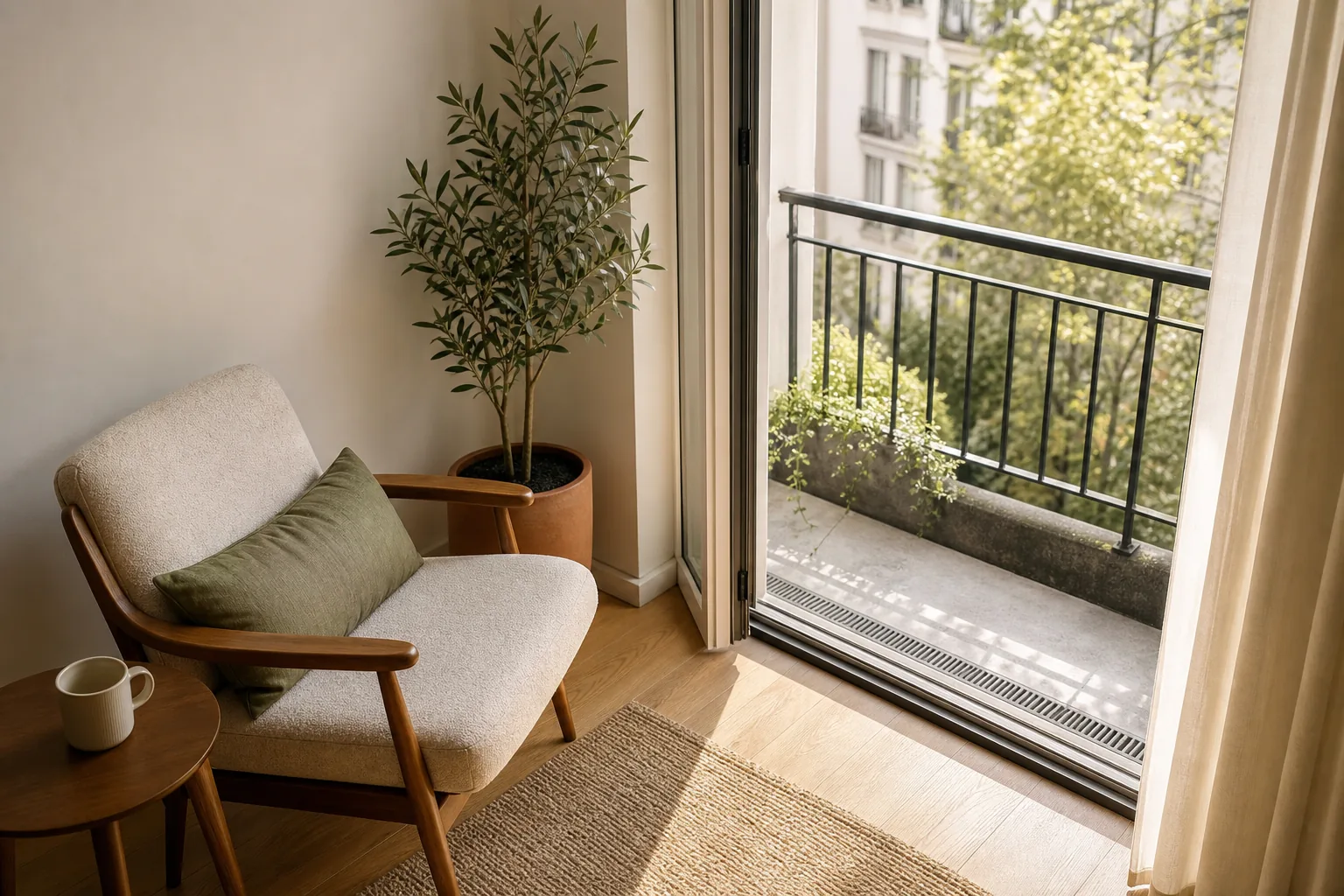 22 Cozy Apartment Aesthetic Ideas That Feel Warm, Not Cluttered 21 Cozy apartment window and balcony corner with a compact chair, side table, plant and morning light