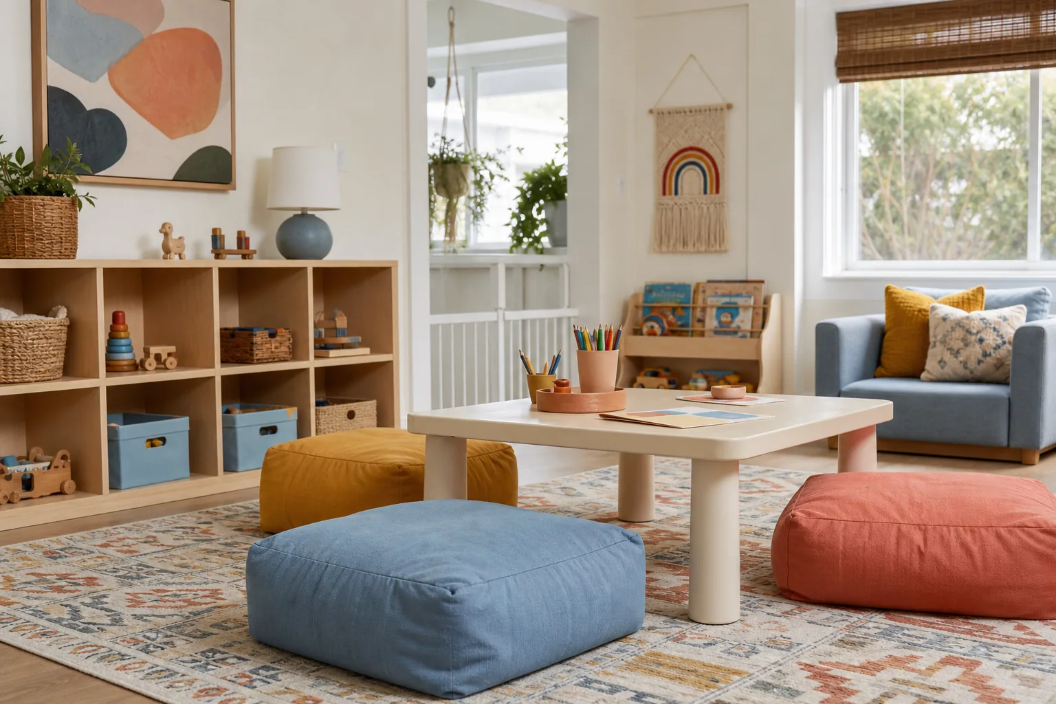21 Playroom Inspiration Ideas for a Fun, Organized and Beautiful Kids' Space 21 Practical stylish playroom with washable textiles, wipeable table, durable wood storage and easy-clean flooring