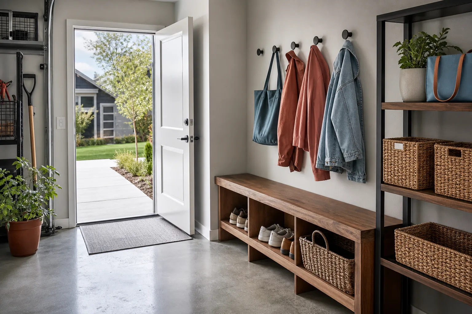 Garage family drop zone with hooks, open cubbies, a bench and baskets beside the door to the house
