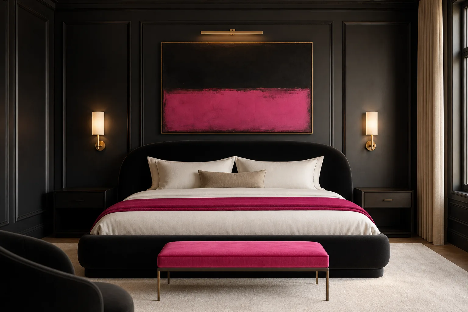 Grown-up luxury black and hot pink bedroom with charcoal paneling, fuchsia velvet, ivory bedding and brass details