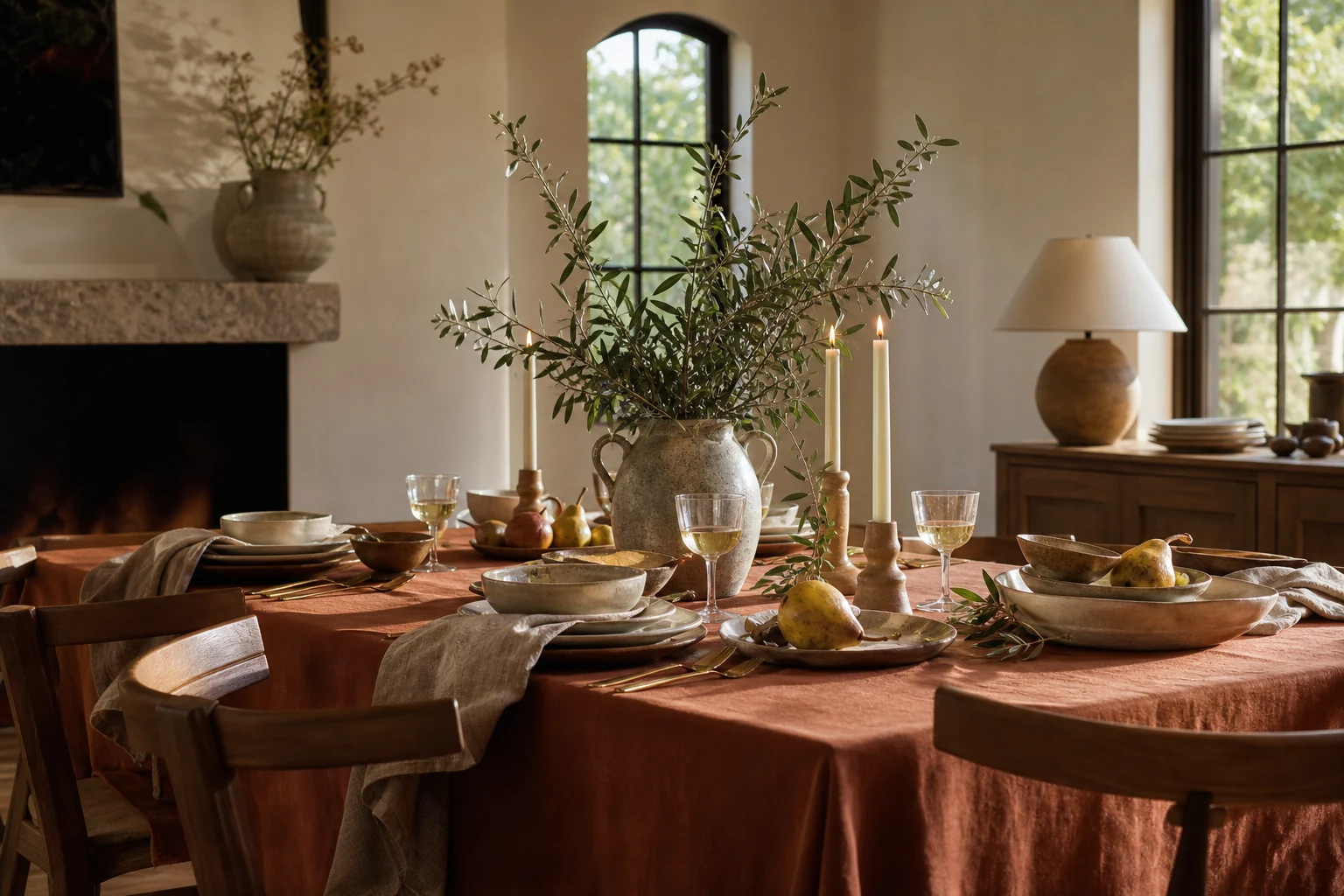 Understated late-summer dining table decor with pears and olive branches