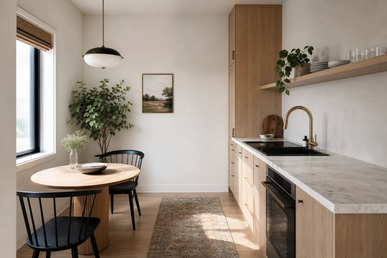 Small bright kitchen with clear counters, pale walls, vertical storage and a compact round table