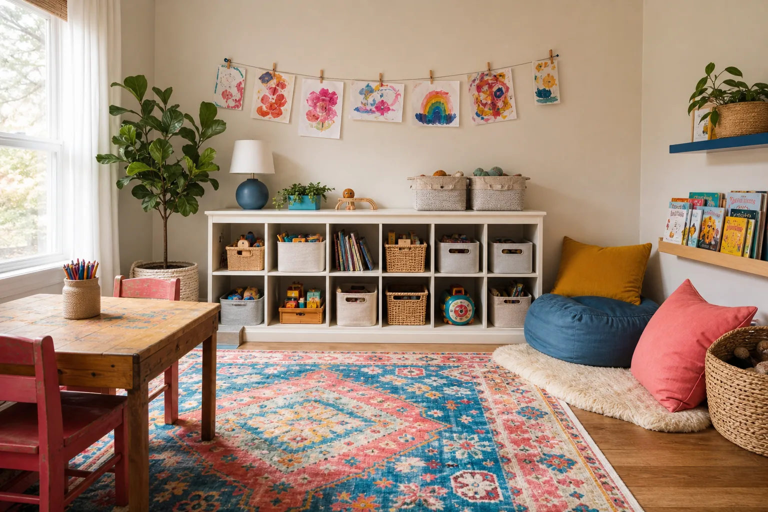 21 Playroom Inspiration Ideas for a Fun, Organized and Beautiful Kids' Space 22 Budget-friendly playroom makeover with secondhand storage, colorful rug, reading nook and organized craft table