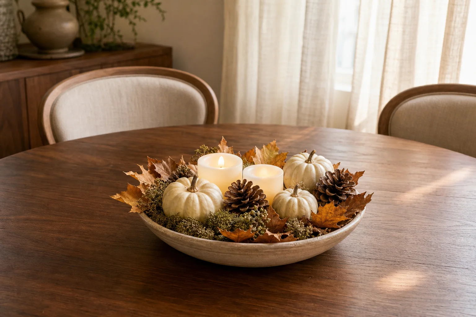 21 Cozy Fall Room Decor Ideas for a Warm, Aesthetic Home 21 Low DIY fall centerpiece with cream gourds, pinecones, dried leaves and flameless candles