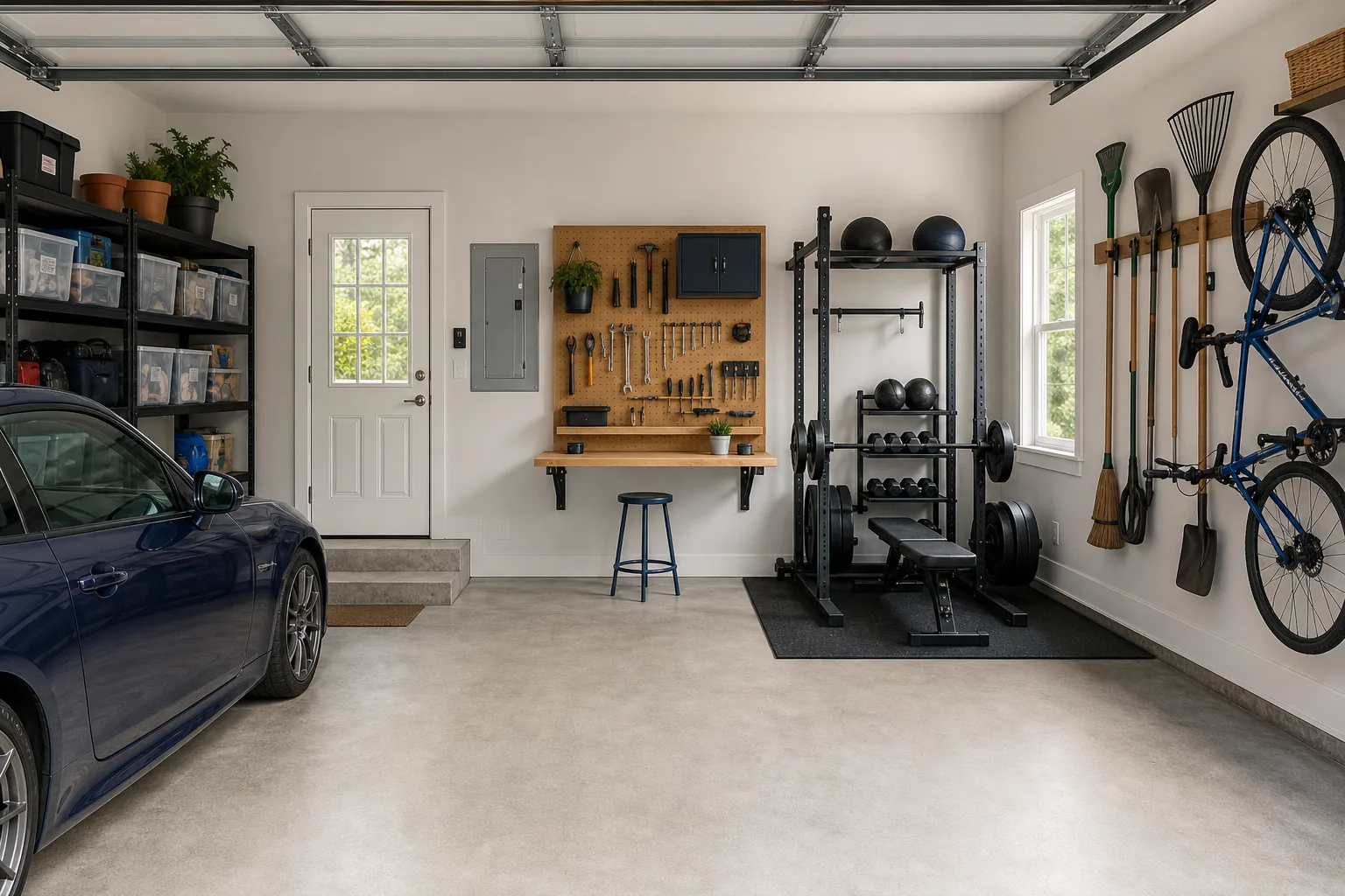 Clean organized garage with an open floor, labeled zones and tools returned to easy-to-reach storage