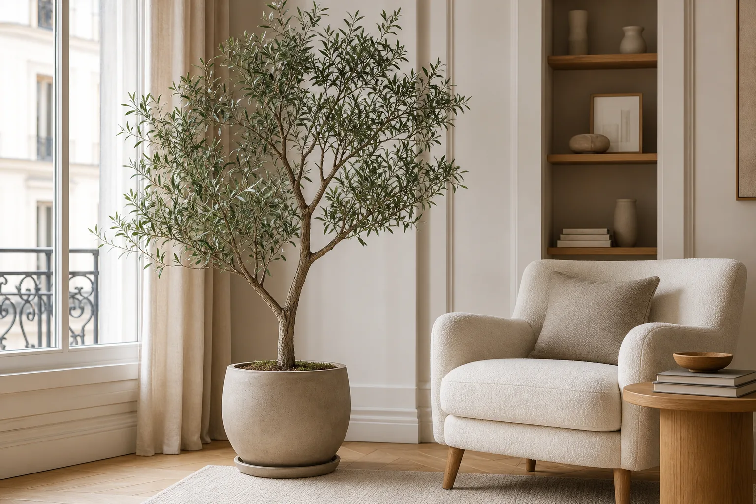22 Cozy Apartment Aesthetic Ideas That Feel Warm, Not Cluttered 22 Warm apartment corner with one leafy indoor tree, ceramic pot and natural wood side table