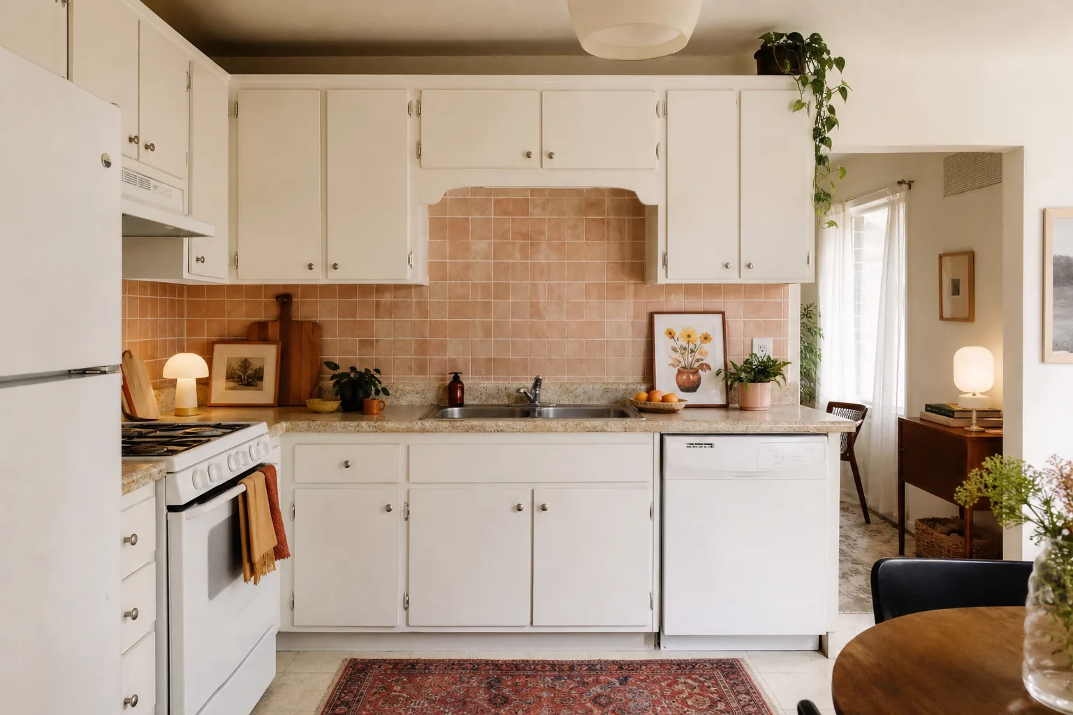 Renter-friendly kitchen refreshed with removable backsplash, plug-in lighting, art and colorful textiles