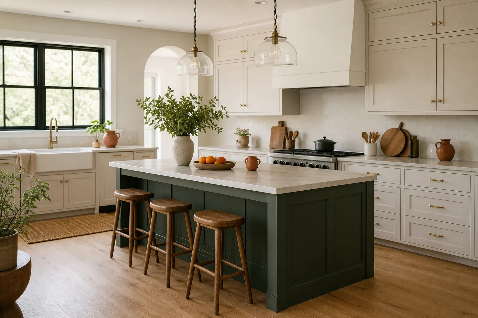 Warm neutral kitchen with a confident dark olive island and terracotta decorative accents