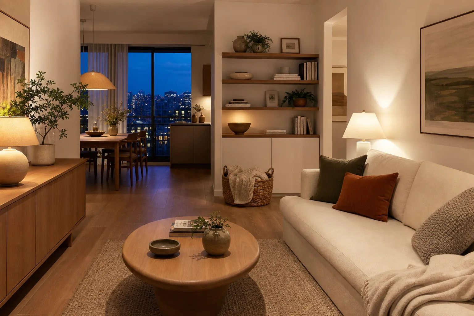 22 Cozy Apartment Aesthetic Ideas That Feel Warm, Not Cluttered 23 Calm organized apartment at evening with warm lamps, folded throw, clear surfaces and tidy storage