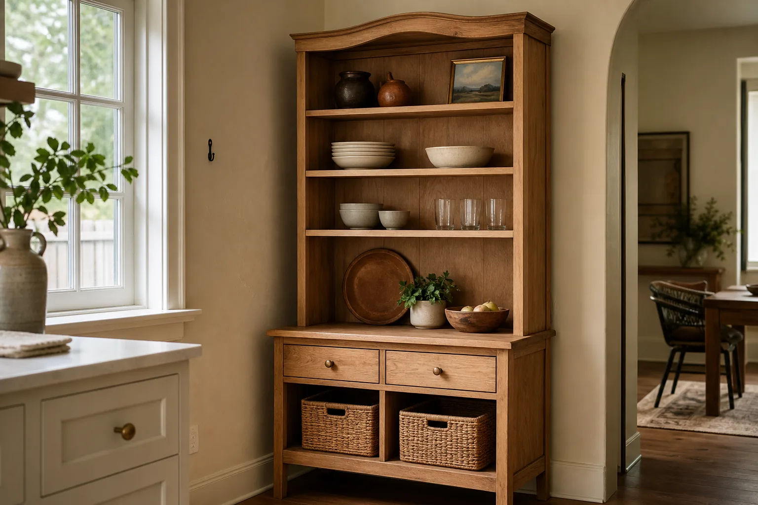 Freestanding wood kitchen hutch styled with dishes, baskets, vintage pottery and small artwork
