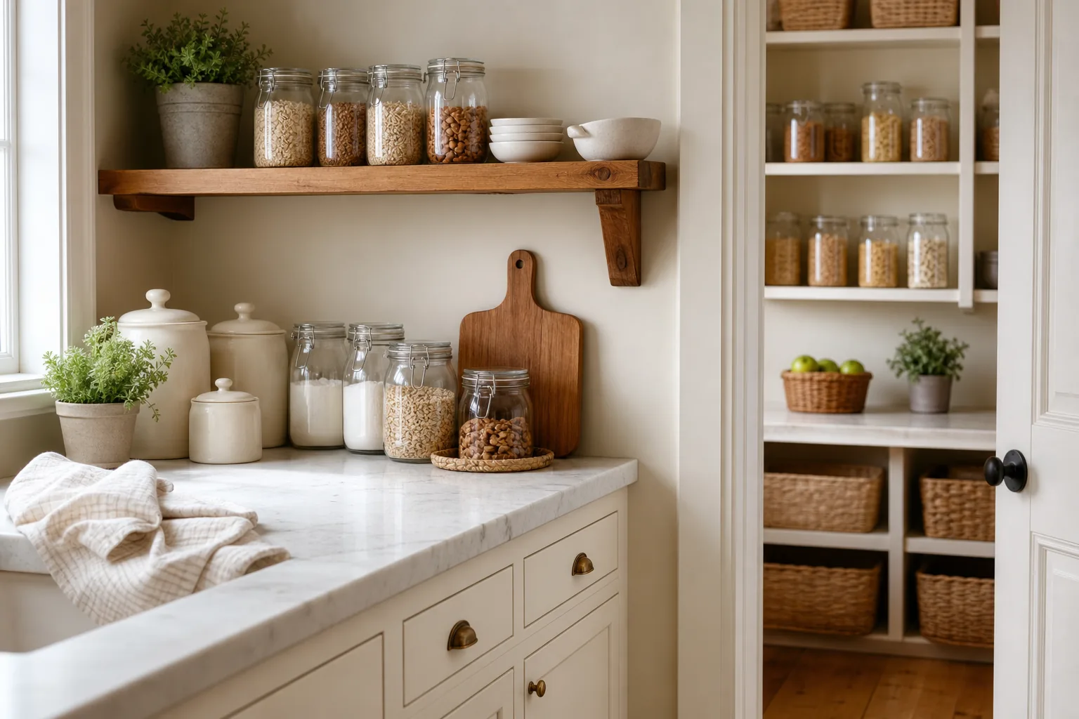 Organized kitchen counter and pantry area with matching glass jars, ceramic canisters and woven baskets