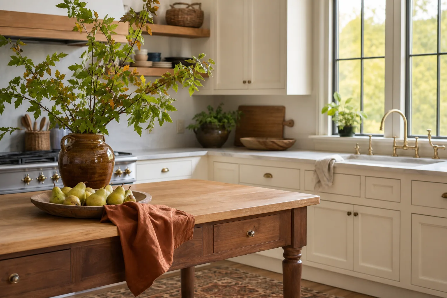 Warm kitchen with subtle early autumn styling using branches, pears, a linen towel and amber pottery