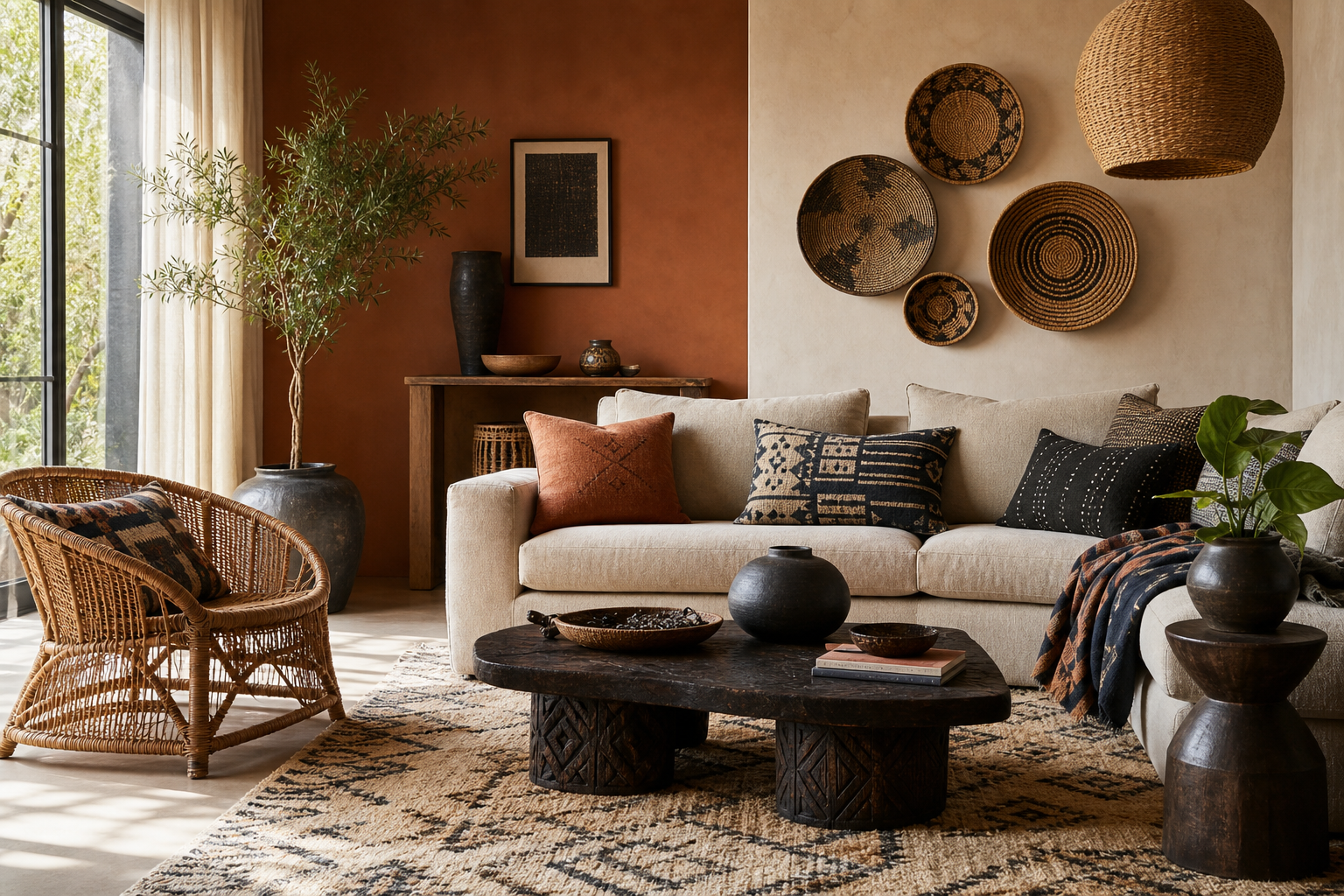 Afrobohemian living room with woven basket wall, rattan chair and earthy decor