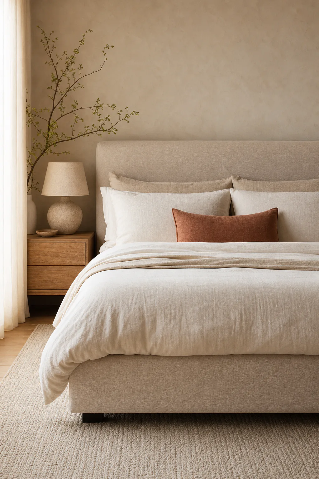 Serene neutral bedroom with layered ivory linen bedding, an oak nightstand and a muted terracotta pillow.
