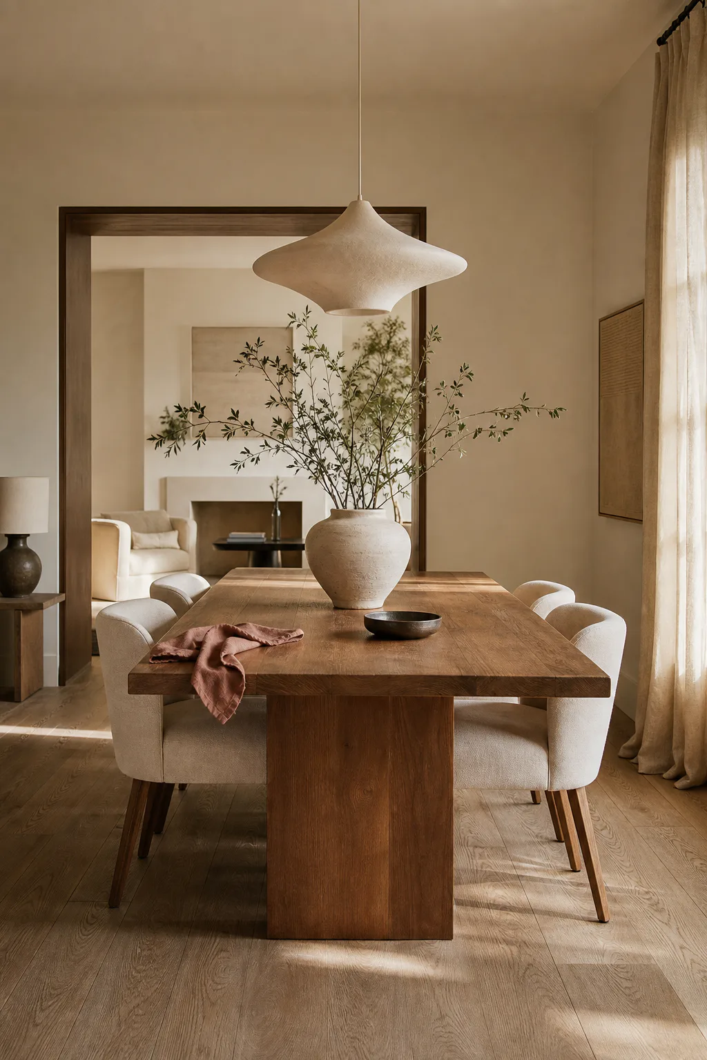 Elegant neutral dining room with an oak table, ivory chairs, sculptural pendant and ceramic centerpiece.