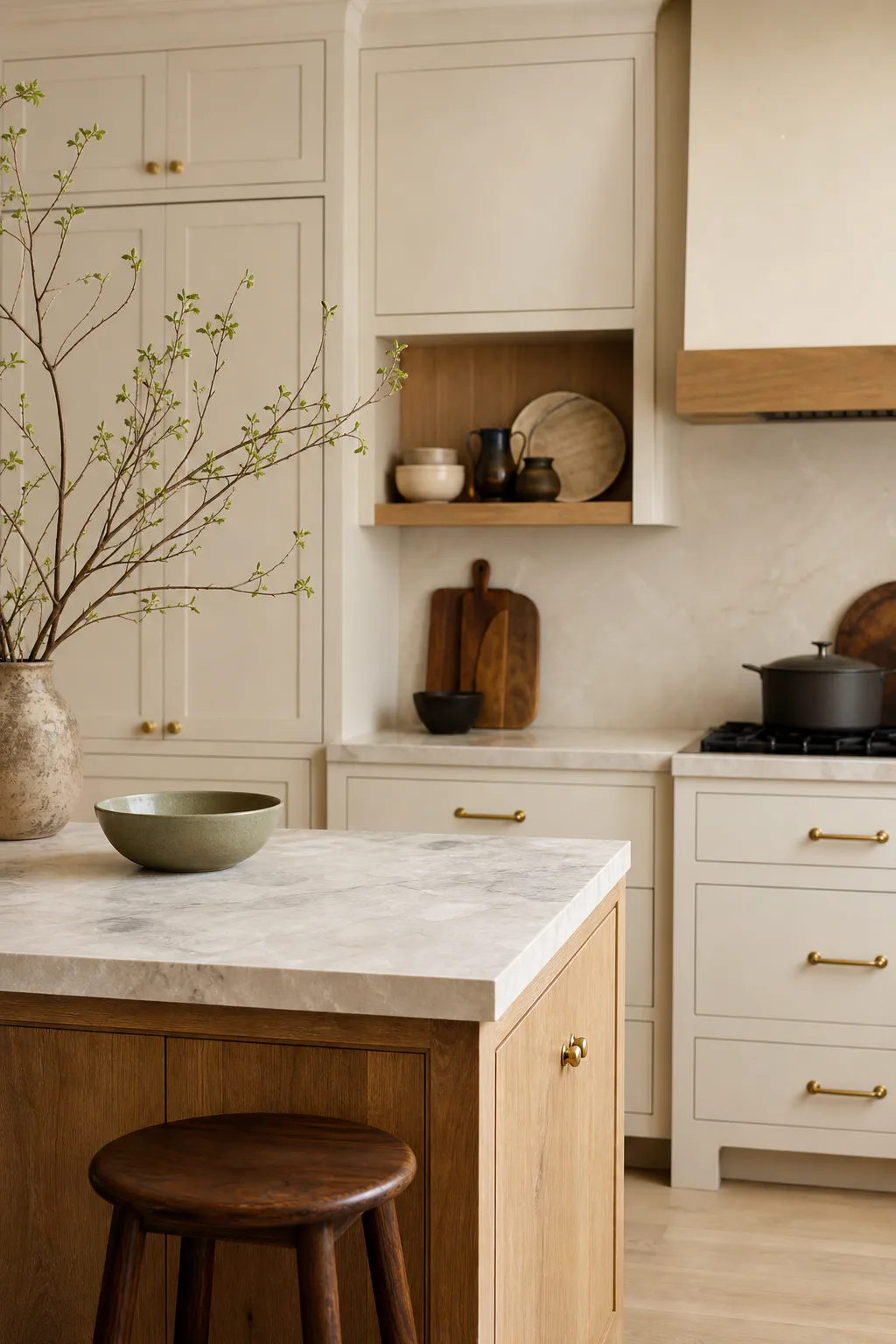 Warm modern kitchen with creamy cabinetry, an oak island, stone counters and subtle brass hardware.
