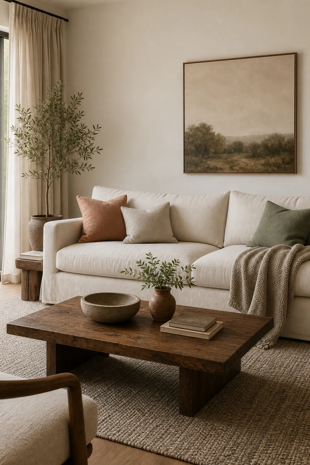 Warm modern living room with an ivory sofa, textured rug, oak coffee table and muted terracotta and sage accents.