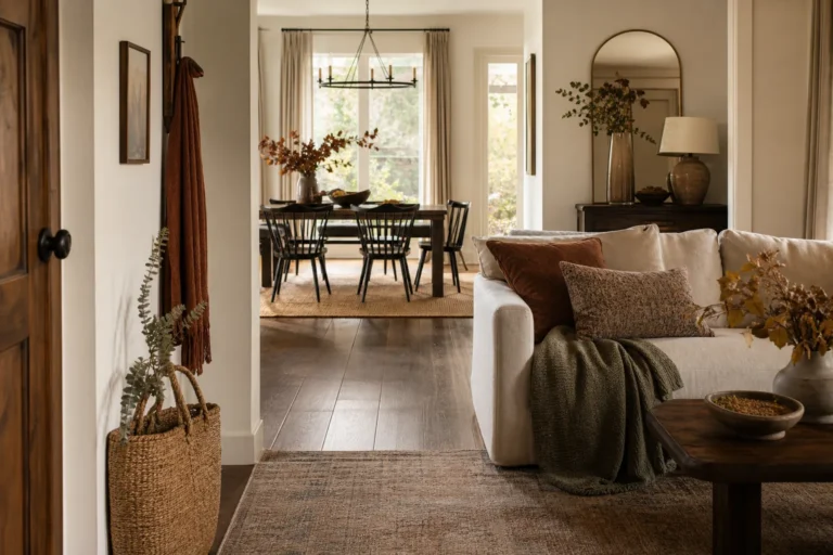Cozy whole-home fall decor with a warm entryway, living room and dining area in a restrained autumn palette