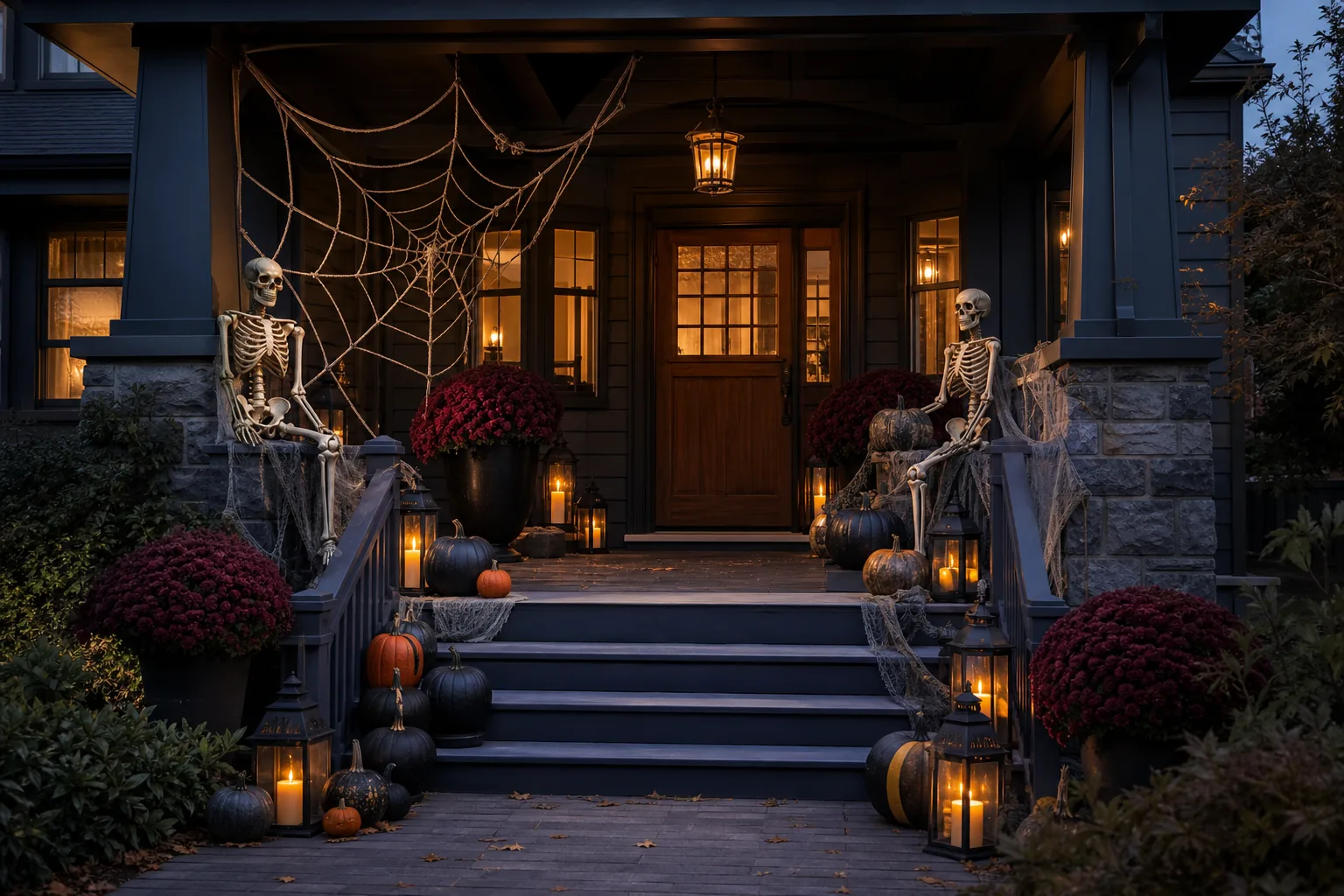 Stylish Halloween front porch with skeletons, pumpkins, rope spiderweb and glowing lanterns