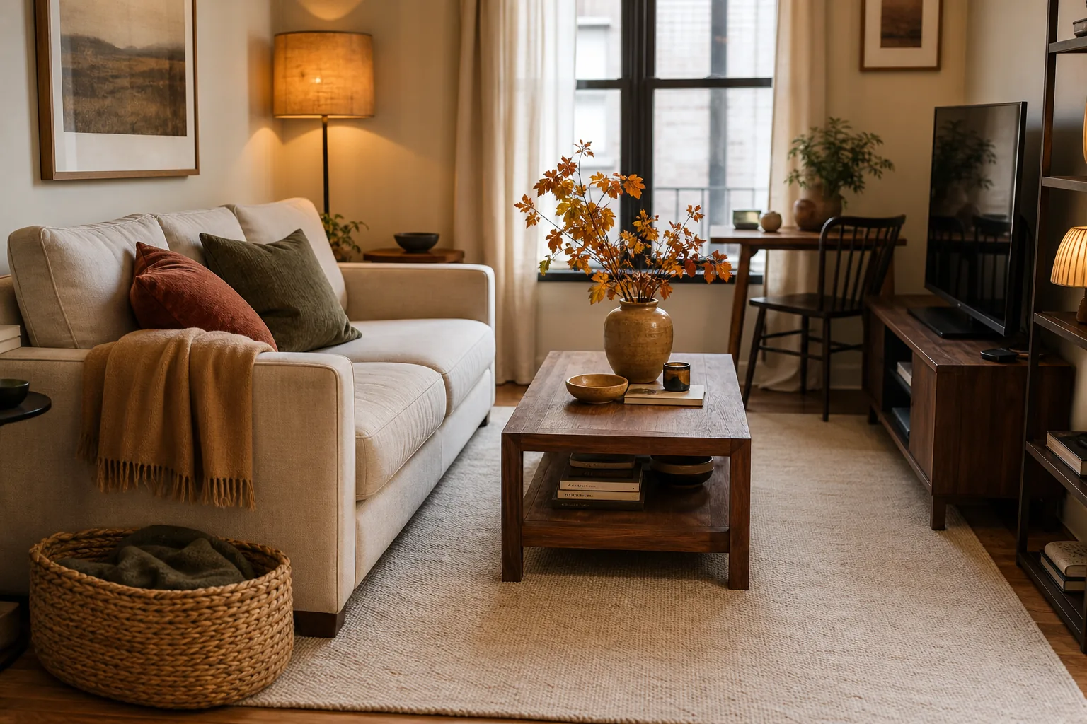 Cozy clutter-free small living room styled with warm fall colors, layered lighting and natural branches