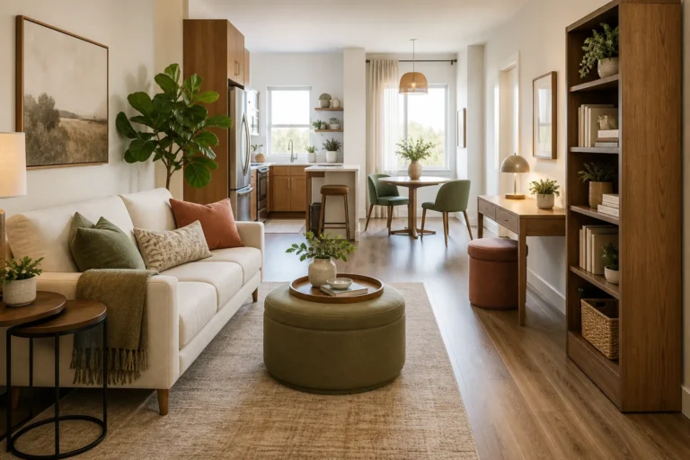 Stylish small apartment with multifunctional furniture, hidden storage and a flexible open layout